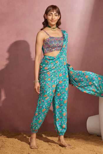 Aneesh Agarwaal Green Chiffon And Organza Floral Print, Mirror & Thread Pant Saree With Blouse Online at Aza Fashions Aneesh Agarwaal_Green Chiffon And Organza Floral Print, Mirror & Thread Pant Saree With Blouse _Online_at_Aza_Fashions
