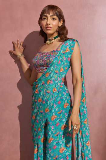 Buy Aneesh Agarwaal Green Chiffon And Organza Floral Print, Mirror & Thread Pant Saree With Blouse Online at Aza Fashions Buy_Aneesh Agarwaal_Green Chiffon And Organza Floral Print, Mirror & Thread Pant Saree With Blouse _Online_at_Aza_Fashions