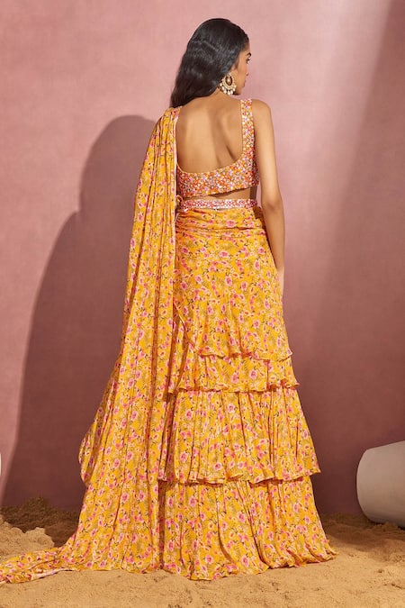 Shop Aneesh Agarwaal Yellow Organza And Net Floral Print, Mirror & Thread Pre-draped Saree With Blouse at Aza Fashions Shop_Aneesh Agarwaal_Yellow Organza And Net Floral Print, Mirror & Thread Pre-draped Saree With Blouse _at_Aza_Fashions