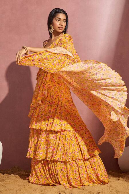 Buy Aneesh Agarwaal Yellow Organza And Net Floral Print, Mirror & Thread Pre-draped Saree With Blouse Online at Aza Fashions Buy_Aneesh Agarwaal_Yellow Organza And Net Floral Print, Mirror & Thread Pre-draped Saree With Blouse _Online_at_Aza_Fashions