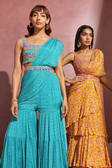 Shop Aneesh Agarwaal Yellow Organza And Net Floral Print, Mirror & Thread Pre-draped Saree With Blouse Online at Aza Fashions Shop_Aneesh Agarwaal_Yellow Organza And Net Floral Print, Mirror & Thread Pre-draped Saree With Blouse _Online_at_Aza_Fashions