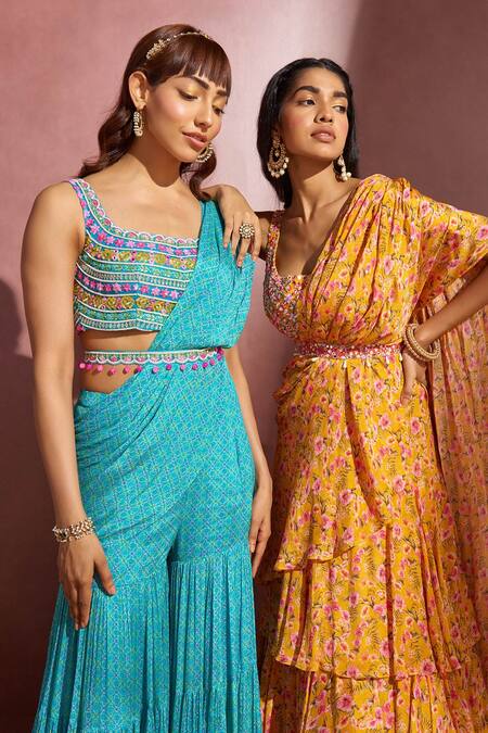 Aneesh Agarwaal Yellow Organza And Net Floral Print, Mirror & Thread Pre-draped Saree With Blouse at Aza Fashions Aneesh Agarwaal_Yellow Organza And Net Floral Print, Mirror & Thread Pre-draped Saree With Blouse _at_Aza_Fashions