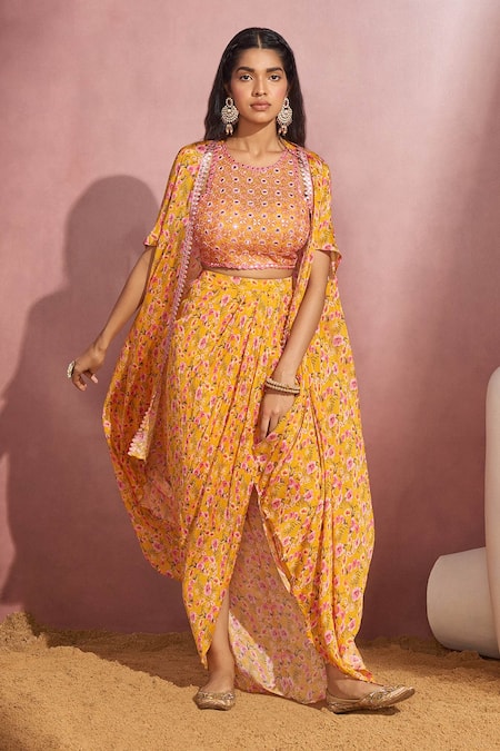 Aneesh Agarwaal_Yellow Chiffon And Organza Floral Print, Mirror & Thread Cape & Draped Skirt Set _Online_at_Aza_Fashions