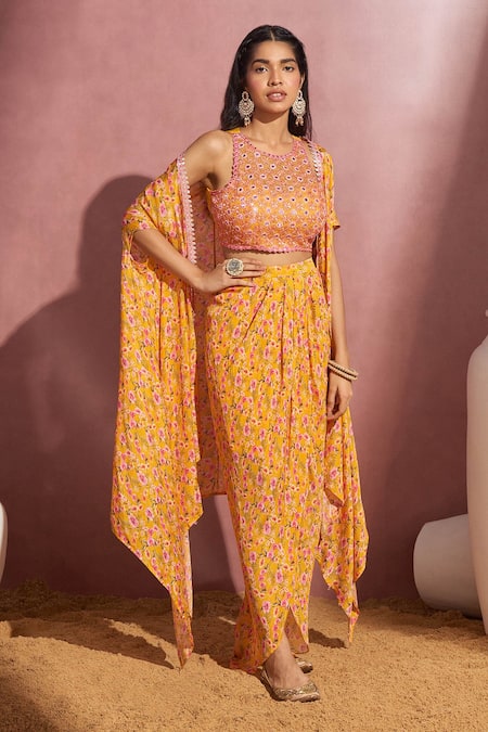 Aneesh Agarwaal Printed Cape & Draped Skirt Set 