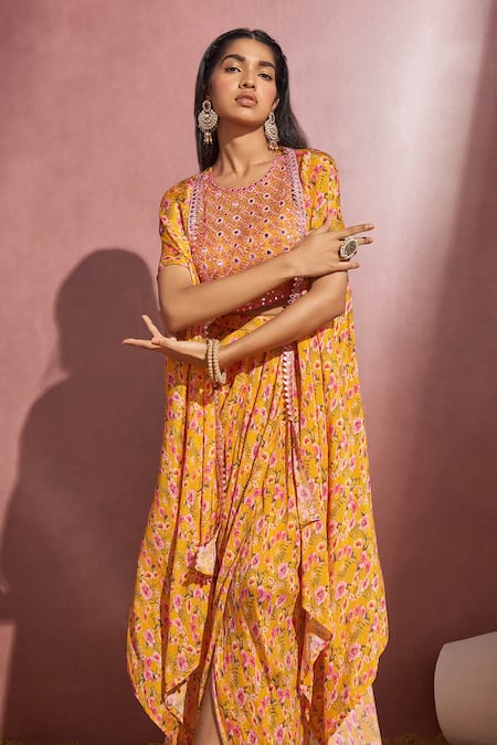 Buy_Aneesh Agarwaal_Yellow Chiffon And Organza Floral Print, Mirror & Thread Cape & Draped Skirt Set _Online_at_Aza_Fashions