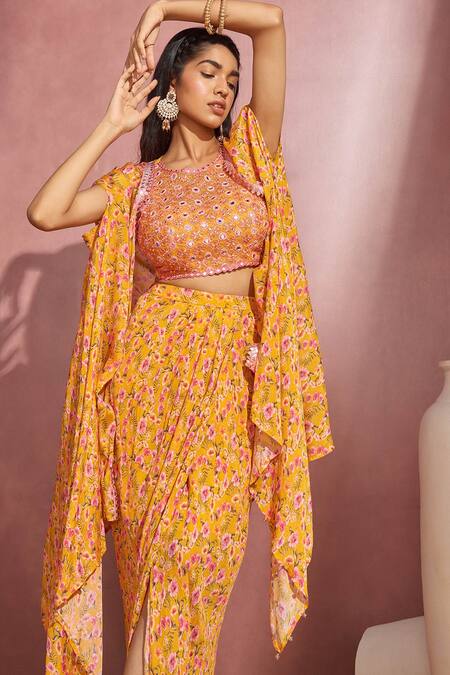 Shop_Aneesh Agarwaal_Yellow Chiffon And Organza Floral Print, Mirror & Thread Cape & Draped Skirt Set _Online_at_Aza_Fashions