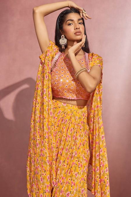 Aneesh Agarwaal_Yellow Chiffon And Organza Floral Print, Mirror & Thread Cape & Draped Skirt Set _at_Aza_Fashions