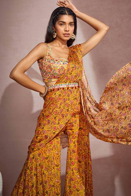 Aneesh Agarwaal_Yellow Chiffon And Net Floral Print, Mirror & Thread Sharara Saree With Blouse_Online_at_Aza_Fashions