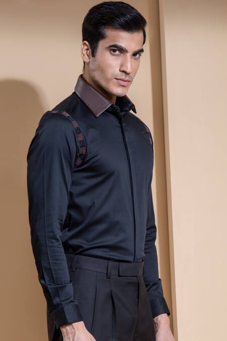 Abkasa_Black Cotton Slim-fit Shirt _at_Aza_Fashions