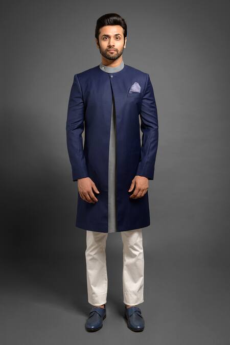Mitesh Lodha Blue Front-open Sherwani Online at Aza Fashions Mitesh Lodha_Blue Front-open Sherwani_Online_at_Aza_Fashions