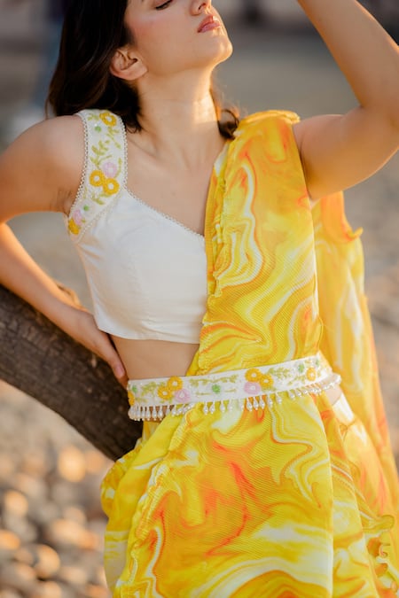 Nikita Vishakha Yellow Pleated Linen Satin Blouse Raw Silk, Saree Organza Pre-draped With at Aza Fashions Nikita Vishakha_Yellow Pleated Linen Satin Blouse Raw Silk, Saree Organza Pre-draped With_at_Aza_Fashions