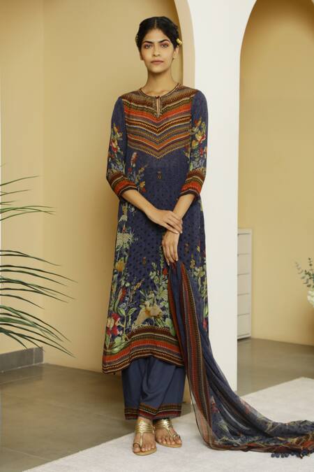 Kalista_Blue Crepe, Georgette Keyhole Afreen Kurta Set _Online_at_Aza_Fashions