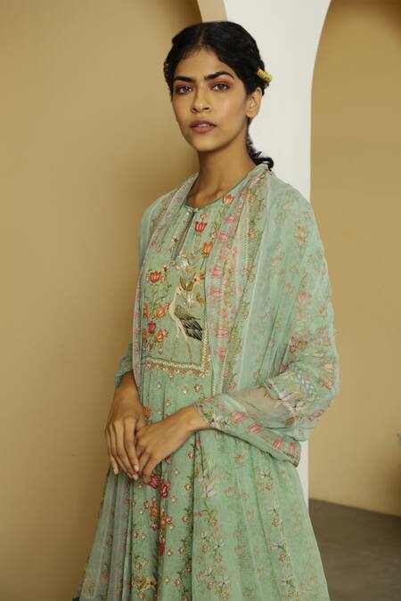 Kalista Green Crepe, Georgette Round Nargis Kurta Set Online at Aza Fashions Kalista_Green Crepe, Georgette Round Nargis Kurta Set _Online_at_Aza_Fashions