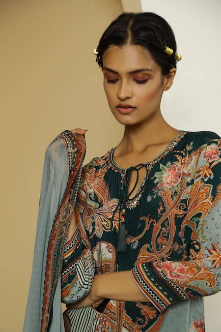 Kalista_Blue Crepe, Georgette Tie-up Faiza Kurta Set _Online_at_Aza_Fashions