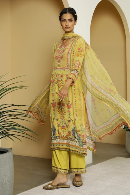 Kalista Yellow Crepe, Georgette Round Rabia Kurta Set 
