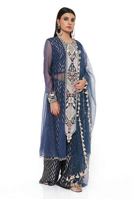 Shop Payal Singhal Blue Georgette Floral, Sequin Round Noora Embroidered Anarkali Palazzo Set Online at Aza Fashions Shop_Payal Singhal_Blue Georgette Floral, Sequin Round Noora Embroidered Anarkali Palazzo Set _Online_at_Aza_Fashions