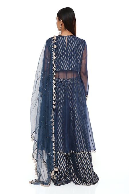 Shop Payal Singhal Blue Georgette Floral, Sequin Round Noora Embroidered Anarkali Palazzo Set Shop_Payal Singhal_Blue Georgette Floral, Sequin Round Noora Embroidered Anarkali Palazzo Set