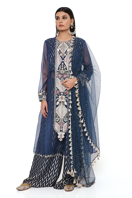 Buy Payal Singhal Blue Georgette Floral, Sequin Round Noora Embroidered Anarkali Palazzo Set Buy_Payal Singhal_Blue Georgette Floral, Sequin Round Noora Embroidered Anarkali Palazzo Set