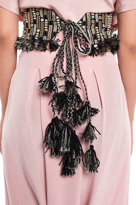 Payal Singhal Accessories_Black Embroidery, Tassels Dupion Silk Belt_Online_at_Aza_Fashions