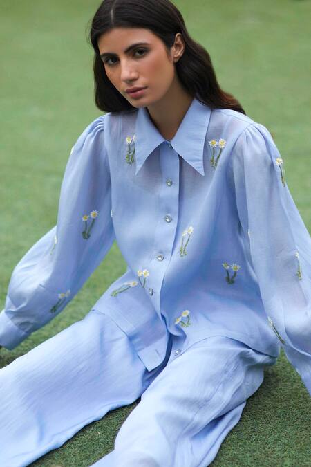 Meadow Blue Silk Cotton Organza Spread Collar Shirt And Pant Set Online at Aza Fashions Meadow_Blue Silk Cotton Organza Spread Collar Shirt And Pant Set _Online_at_Aza_Fashions