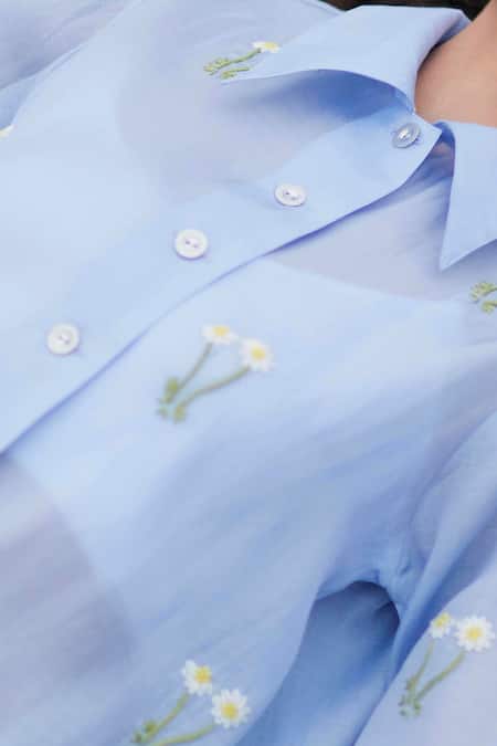 Buy Meadow Blue Silk Cotton Organza Spread Collar Shirt And Pant Set Online at Aza Fashions Buy_Meadow_Blue Silk Cotton Organza Spread Collar Shirt And Pant Set _Online_at_Aza_Fashions