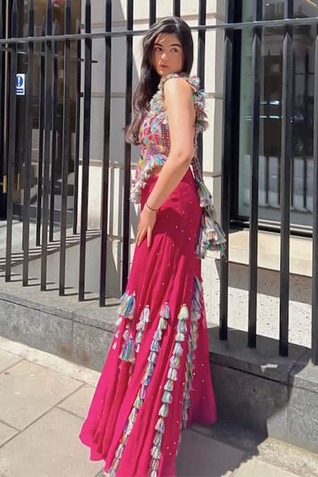 Shop Payal Singhal Pink Georgette Embroidery Thread Work Round Choli And Sharara Set at Aza Fashions Shop_Payal Singhal_Pink Georgette Embroidery Thread Work Round Choli And Sharara Set _at_Aza_Fashions