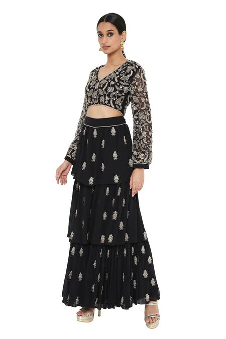 Payal Singhal_Black Georgette Embroidered Floral Motifs V Anika Choli And Layered Sharara Set_Online_at_Aza_Fashions