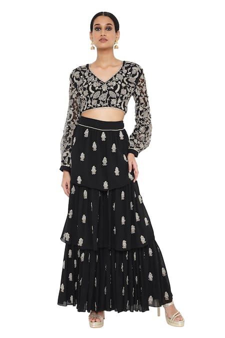 Payal Singhal Black Georgette Embroidered Floral Motifs V Anika Choli And Layered Sharara Set 