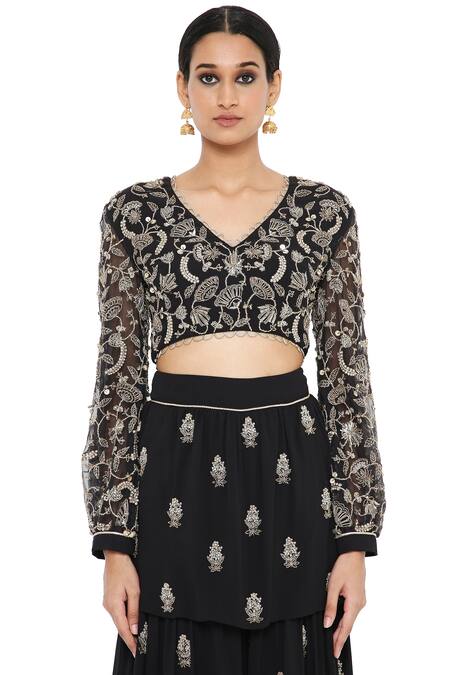 Payal Singhal_Black Georgette Embroidered Floral Motifs V Anika Choli And Layered Sharara Set_at_Aza_Fashions