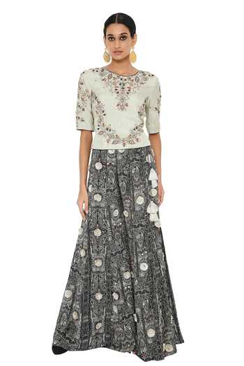 Buy_Payal Singhal_Black Abutai Silk Embroidered Mukaish Round Jahana Choli And Printed Sharara Set_Online_at_Aza_Fashions