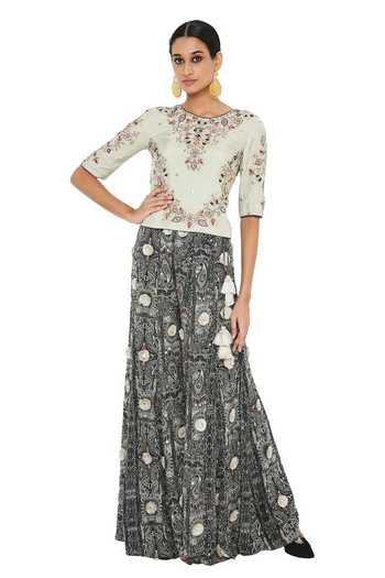 Payal Singhal_Black Abutai Silk Embroidered Mukaish Round Jahana Choli And Printed Sharara Set_Online_at_Aza_Fashions