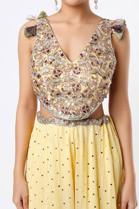 Payal Singhal_Yellow Georgette Embroidered Mukaish Work V Neck Backless Choli And Sharara Set _Online_at_Aza_Fashions