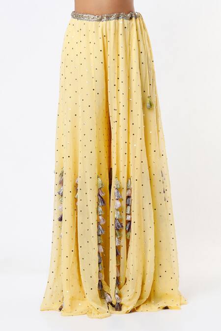 Buy_Payal Singhal_Yellow Georgette Embroidered Mukaish Work V Neck Backless Choli And Sharara Set _Online_at_Aza_Fashions