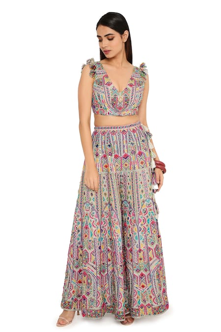 Buy_Payal Singhal_White Georgette Geometric V Neck Embroidered Sharara Set _Online_at_Aza_Fashions