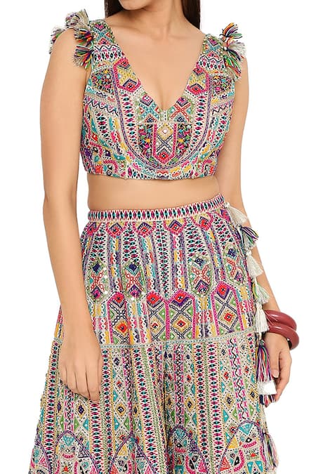 Shop_Payal Singhal_White Georgette Geometric V Neck Embroidered Sharara Set _Online_at_Aza_Fashions