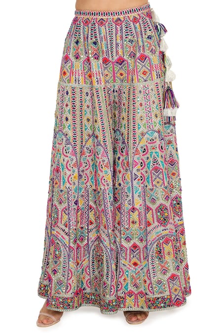 Payal Singhal_White Georgette Geometric V Neck Embroidered Sharara Set _at_Aza_Fashions