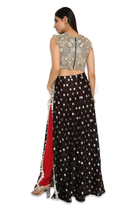 Shop Payal Singhal Black Georgette Geometric Round Embroidered Blouse And Overlay Pant Set at Aza Fashions Shop_Payal Singhal_Black Georgette Geometric Round Embroidered Blouse And Overlay Pant Set _at_Aza_Fashions