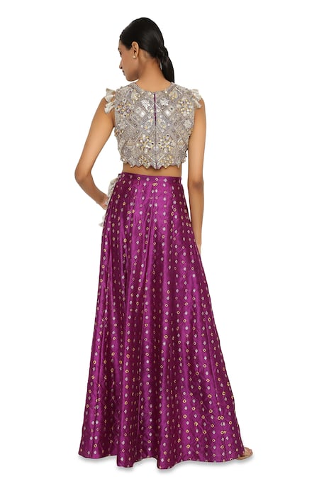 Shop Payal Singhal Purple Silk, Georgette Geometric, Bandhani Round Overlay Low Crotch Pant Set at Aza Fashions Shop_Payal Singhal_Purple Silk, Georgette Geometric, Bandhani Round Overlay Low Crotch Pant Set _at_Aza_Fashions