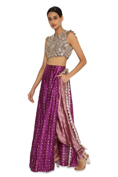 Payal Singhal Purple Silk, Georgette Geometric, Bandhani Round Overlay Low Crotch Pant Set Online at Aza Fashions Payal Singhal_Purple Silk, Georgette Geometric, Bandhani Round Overlay Low Crotch Pant Set _Online_at_Aza_Fashions