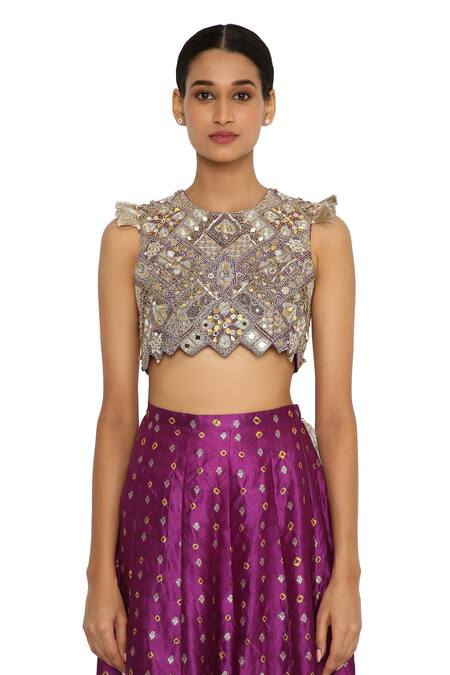 Shop Payal Singhal Purple Silk, Georgette Geometric, Bandhani Round Overlay Low Crotch Pant Set Online at Aza Fashions Shop_Payal Singhal_Purple Silk, Georgette Geometric, Bandhani Round Overlay Low Crotch Pant Set _Online_at_Aza_Fashions