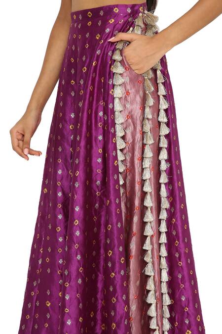 Payal Singhal Purple Silk, Georgette Geometric, Bandhani Round Overlay Low Crotch Pant Set at Aza Fashions Payal Singhal_Purple Silk, Georgette Geometric, Bandhani Round Overlay Low Crotch Pant Set _at_Aza_Fashions