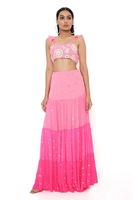 Payal Singhal Coral Net, Georgette Floral, Mirror Square Neck Florence Embroidered Skirt Set Online at Aza Fashions Payal Singhal_Coral Net, Georgette Floral, Mirror Square Neck Florence Embroidered Skirt Set_Online_at_Aza_Fashions