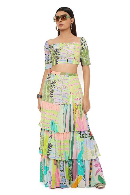 Buy Payal Singhal Green Georgette Sequin, Tropical Square Neck Agnes Printed Top And Skirt Set Online at Aza Fashions Buy_Payal Singhal_Green Georgette Sequin, Tropical Square Neck Agnes Printed Top And Skirt Set _Online_at_Aza_Fashions