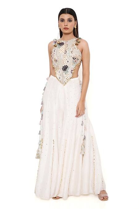Buy_Payal Singhal_Off White Silk, Georgette Geometric Round Ira Embroidered Blouse And Sharara Set _Online_at_Aza_Fashions