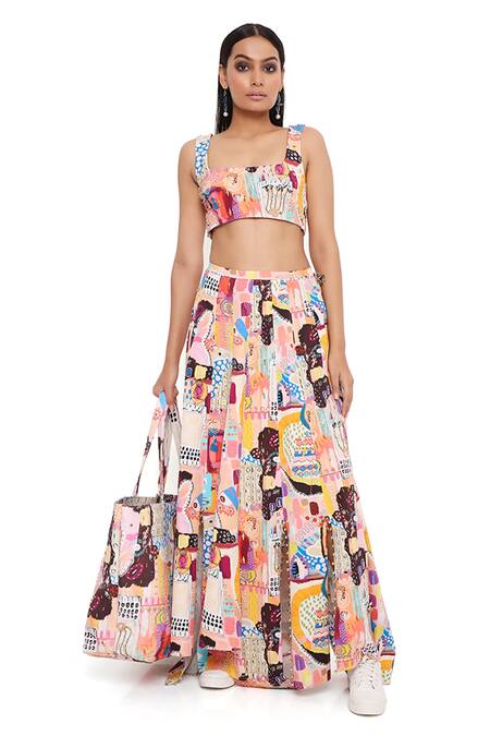 Buy Payal Singhal Peach Denim Trance Square Neck Alecia Printed Top And Skirt Set Online at Aza Fashions Buy_Payal Singhal_Peach Denim Trance Square Neck Alecia Printed Top And Skirt Set _Online_at_Aza_Fashions
