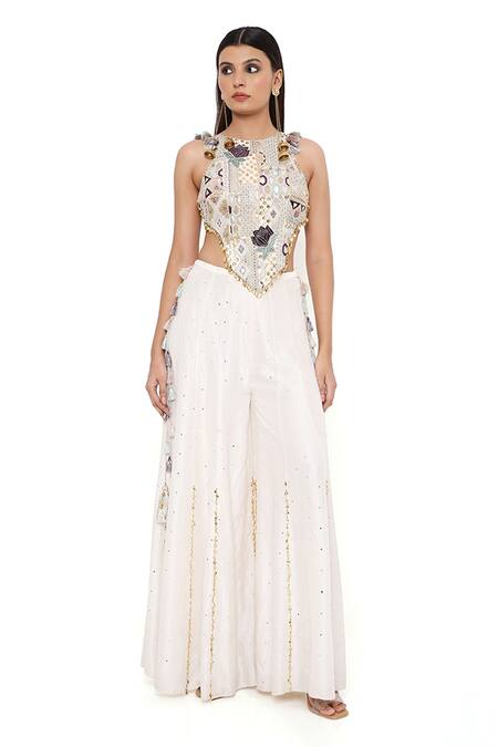 Shop_Payal Singhal_Off White Silk, Georgette Geometric Round Ira Embroidered Blouse And Sharara Set _Online_at_Aza_Fashions