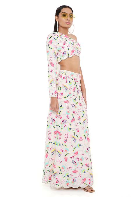 Shop Payal Singhal Grey Georgette Embroidery Floral Asymmetric Elsa Top And Skirt Set Online at Aza Fashions Shop_Payal Singhal_Grey Georgette Embroidery Floral Asymmetric Elsa Top And Skirt Set _Online_at_Aza_Fashions