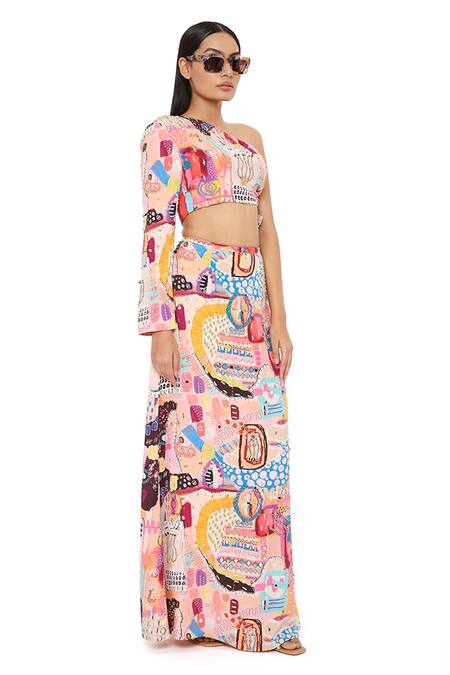 Buy_Payal Singhal_Peach Crepe Trance Asymmetric Tamara Printed Top And Skirt Set_Online_at_Aza_Fashions