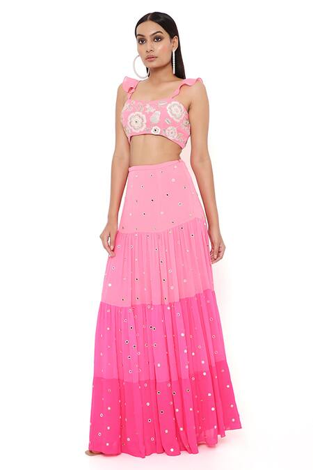 Buy Payal Singhal Coral Net, Georgette Floral, Mirror Square Neck Florence Embroidered Skirt Set Online at Aza Fashions Buy_Payal Singhal_Coral Net, Georgette Floral, Mirror Square Neck Florence Embroidered Skirt Set_Online_at_Aza_Fashions