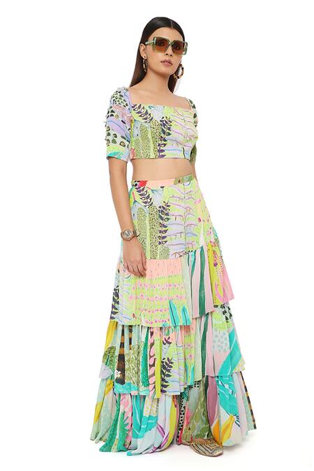 Shop Payal Singhal Green Georgette Sequin, Tropical Square Neck Agnes Printed Top And Skirt Set Online at Aza Fashions Shop_Payal Singhal_Green Georgette Sequin, Tropical Square Neck Agnes Printed Top And Skirt Set _Online_at_Aza_Fashions